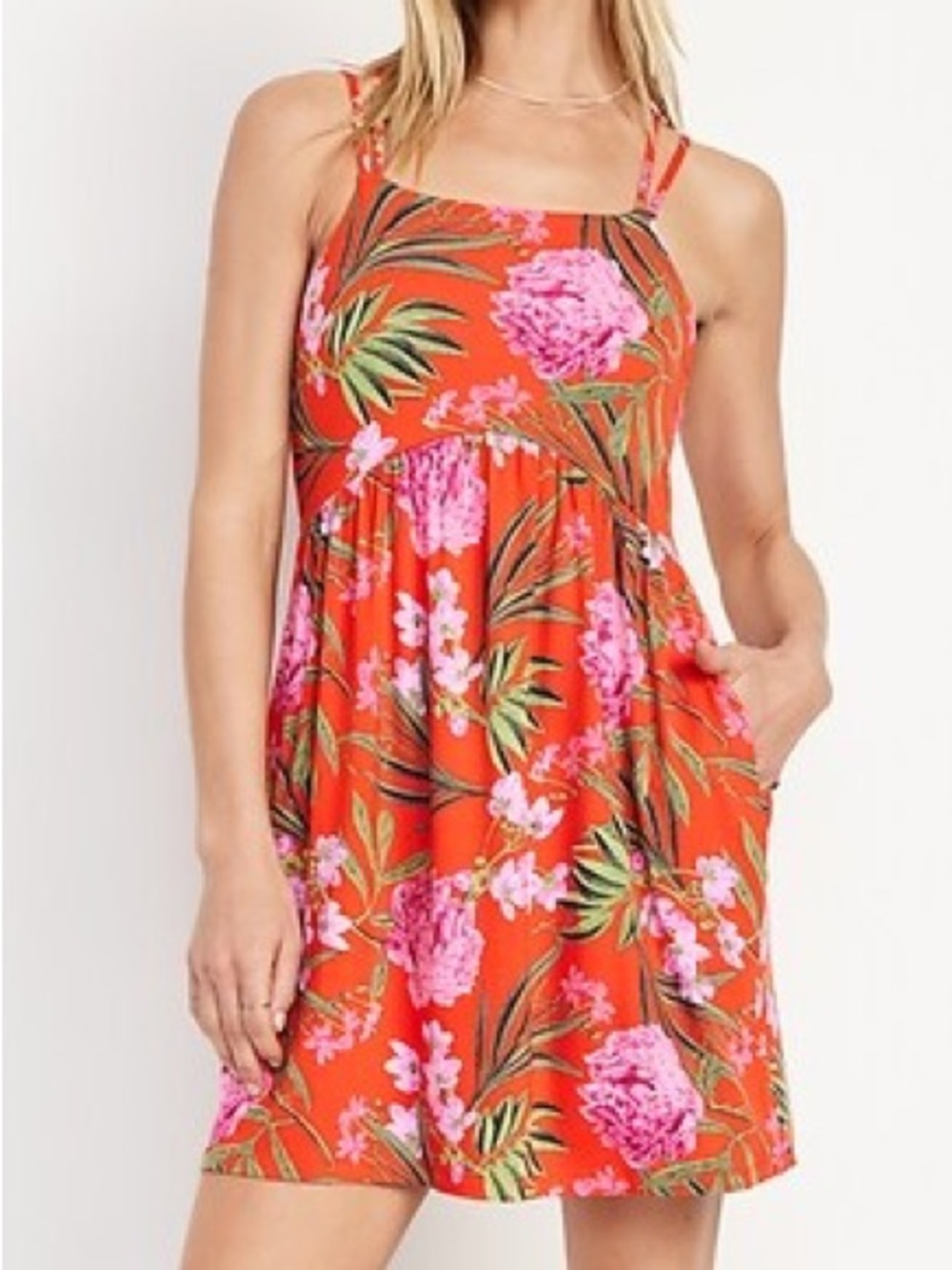 Old Navy Women M Pink Orange Floral Fit & Flare Strappy Mini Dress NWT